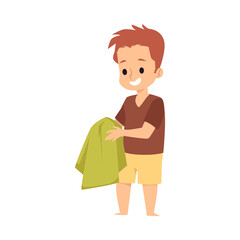 Smiling kid boy wipe clean hands with towel a flat cartoon vector illustration