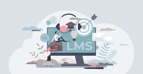 Fototapeta na wymiar Learning management system or LMS as online education tiny person concept. Training and knowledge software application as skill practice qualification framework vector illustration. Online study scene