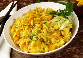 Curry Rice in a Bowl on wooden Background