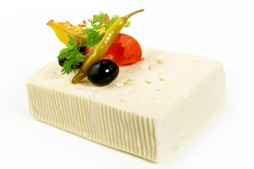Whole Feta Cheese with Olives on white Background - Isolated