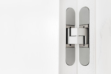 Close-up photo of new modern minimalistic door with hidden gray hinge.