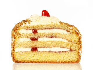 Cream Cake with Brittle and Cherries on white Background - Isolated