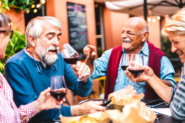 Happy retired friends having fun drinking red wine at pre dinner party - Senior people eating at...