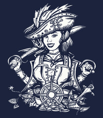 Fototapeta na wymiar Pirate woman in dark background. One color t-shirt design art. Crime sailor girl portrait, pin up style. Sea wolf, female. Sabres, guns, gold coins, compass
