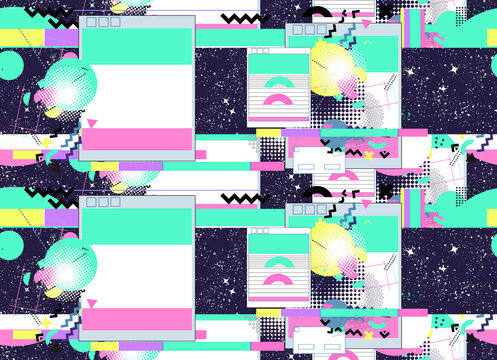 Vaporwave Music Seamless Pattern. Glitch In Universe. 80s And 90s Internet Pop Culture Style. Contemporary Cyberpunk Background. Surreal Retrofuturistic Vector Illustration