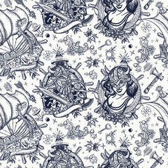 Vikings. Seamless pattern. Traditional tattooing style. Scandinavian culture. Medieval barbarian, long boat, woman warrior. Valhalla art. Northern history