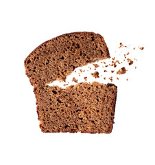 Sliced rye bread with crumbs close up on a white background