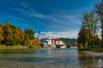Bad Tolz - picturesque resort town in Bavaria, Germany in autumn and Isar river