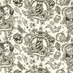Sea adventure seamless pattern. Old school tattoo background. Old captain, lighthouse and sailor girl pin up style