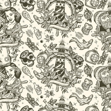 Sea adventure seamless pattern. Old school tattoo background. Old captain, lighthouse and sailor girl pin up style