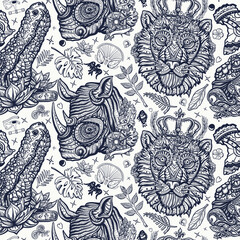 African wild animals portrait. Old school tattoo vector background. Traditional tattooing style. Zoo background. Safari in Africa. Seamless pattern. Royal lion, evil crocodile and romantic rhino