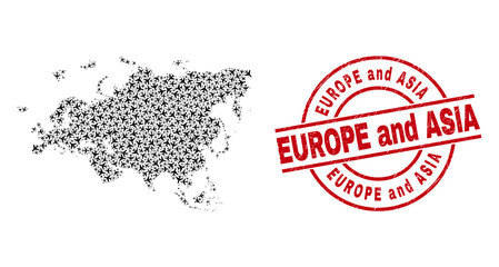 Europe and Asia grunge seal stamp, and Europe and Asia map mosaic of air force elements. Mosaic Europe and Asia map designed from air force symbols. Red stamp with Europe and Asia caption,