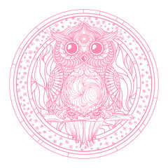 Circle mandala with owl. Zentangle. Hand drawn abstract patterns on isolation background. Design for spiritual relaxation for adults. Zendala. Outline for tattoo, printing on t-shirts, posters