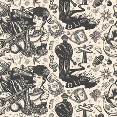 Music pattern. Old school tattoo style. Musical legend. Crossroads and devil. Blues and jazz. Elderly Afro American bluesman playing slide guitar. Beautiful black woman and saxophone