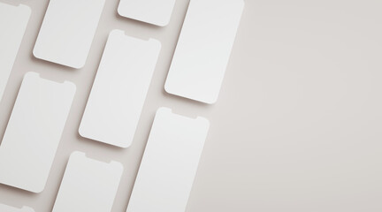 Phone mockup and various screens with copy space in 3D rendering. App interface, ux ui, and web design presentation concept