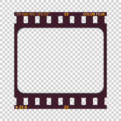 Photographic film slide. Realistic vector illustration with shadow on transparent background. Blank vintage photo frame. Individual sheet of transparent film with double perforations, 35mm width. - 436622701