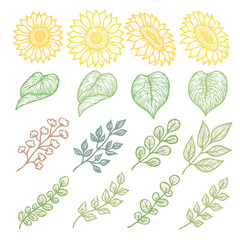 手描き風ひまわりとボタニカルパーツのイラストセット　線画
