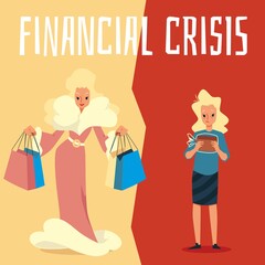 Financial crisis banner with rich and poor women flat vector illustration.