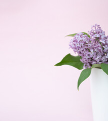 Bouquet of beautiful spring flowers of lilac in a vase on pink background