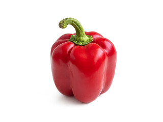 Bell pepper with glossy red skin and green stem on a white background