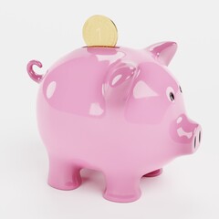 Realistic 3D Render of Piggy Bank with Coin