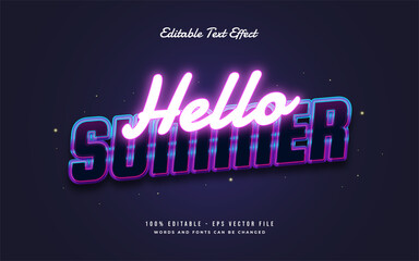 Hello Summer Text in Retro Style and Glowing Neon Effect. Editable Text Style Effect