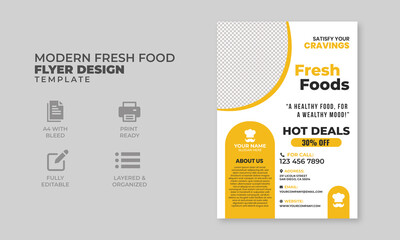 Modern fresh food flyer design template yellow and white layout, a4 poster for fast food, design ready to print,