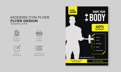 Modern gym flyer design template yellow and black layout, a4 design for gym, fitness, trainer, and any sport activity, design ready to print,