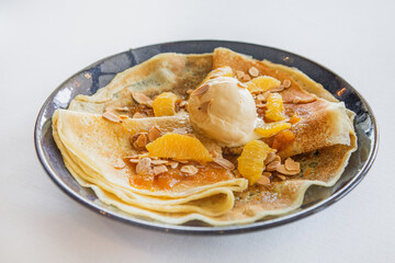 pancakes jam scoop ice cream orange slices