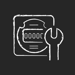 Electrical meter repair chalk white icon on dark background. Clock-like device installation. Energy meter maintenance. House, accommodation. Isolated vector chalkboard illustration on black