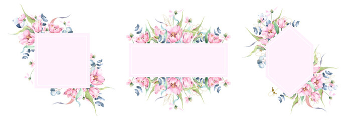Pink frames collection with spring watercolor florals, tulips, spring flowers, eucalyptus branches, square floral template, floral border, diamond composition with  delicate pink flowers