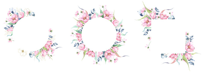 Three frames with hand painted watercolor flowers, round floral frames, square watercolor template with tulips, eucalyptus, leaves and branches, composition with spring flowers, spring floral frames