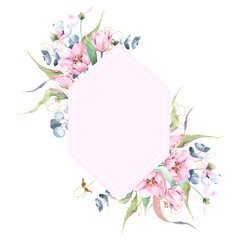 Pink diamond frame with watercolor floral arrangement, hand painted watercolor frame, pink tulips, eucalyptus, branches and leaves, watercolor clipart, pink frame isolated on white background