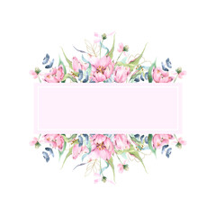 Rectangular pink border frame with watercolor flowers, watercolor clipart, floral design, social network, cards, greetings, pink, green, olive green, blue, eucalyptus branches and leaves, template