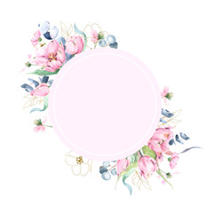 Pink round frame with watercolor flowers arrangements, botanical frame, pink frame, florals, tulips, feminine, cute, spring flowers, botanical watercolor clipart, round watercolor frame, round, flower