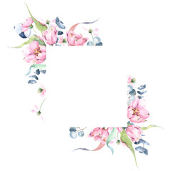 White square frame, post template, watercolor flowers, tulips, leaves, feminine frame floral design, greeting cards, social network, pink, green, olive, blue, white, isolated