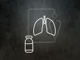 Medical stethoscope and a bottle of pills near lungs silhouette - covid treatment concept
