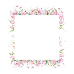 Square watercolor floral frame with hand painted flowers, tulips, eucalyptus, green, olive green, blue branches and leaves, greeting card template, floral border, square template, hand painted