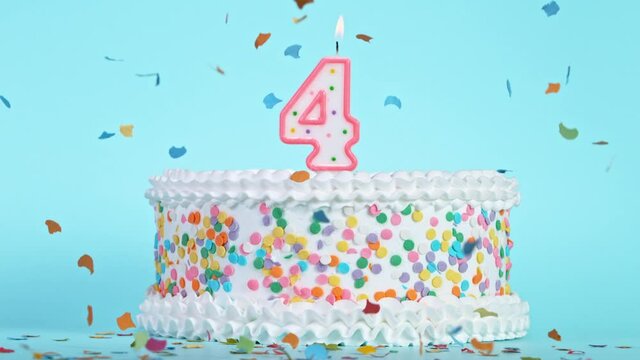 Birthday Cake With Burning Colorful Candle with Number 4 on Pastel Background. Falling confetti. Super Slow Motion, 1000 FPS.