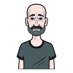 bald man with a full beard in gray t shirt. comic, isolated, vector.
