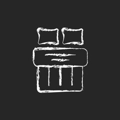 Double bed set chalk white icon on dark background. Hotel room for night rest. King size linen bedding. Textile products, house cloths. Sleep hygiene. Isolated vector chalkboard illustration on black