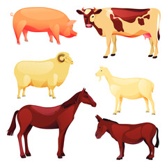domestic, animal, farm animals, farm, stockbreeding, vector, illustration, icon, set, object, isolated, flat, design, group, element, sign, symbol, ram, goat, cow, horse, donkey, pig, lamb, livestock,