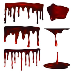 Chocolate drops or melted choco fondant, dark chocolate splotch and splatter. Sweet cocoa product elements for banner or birthday card, advertising decoration. Vector confectionary ornament set.