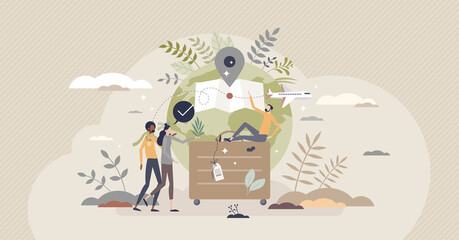 Sustainable tourism with ecological responsible travel tiny person concept. Environmental friendly transportation choice for holidays and vacation vector illustration. Eco journey and ecotourism scene