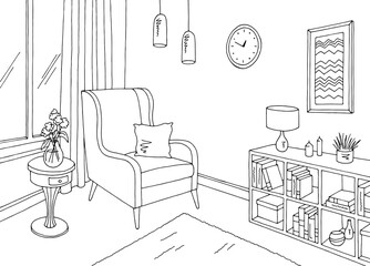 Living room graphic black white home interior sketch illustration vector 