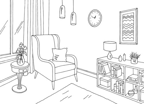 Living room graphic black white home interior sketch illustration vector 