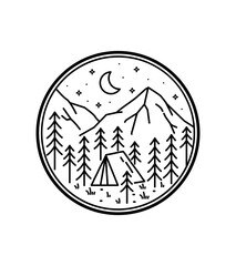 camping in forest vector design in mono line art ,badge patch pin graphic illustration, vector art t-shirt design