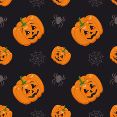 Cute dark seamless pattern with pumpkins, cobwebs and spiders. Halloween party decoration. Vegetable print with a smirk. Festive background for paper, textile, holiday and design. Vector illustration.