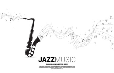 Vector music melody note dancing flow from saxophone . Concept background for jazz song and concert theme.