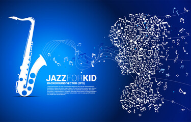 Vector saxophone and child from dancing flow shape music note . Concept background music for kid and children.